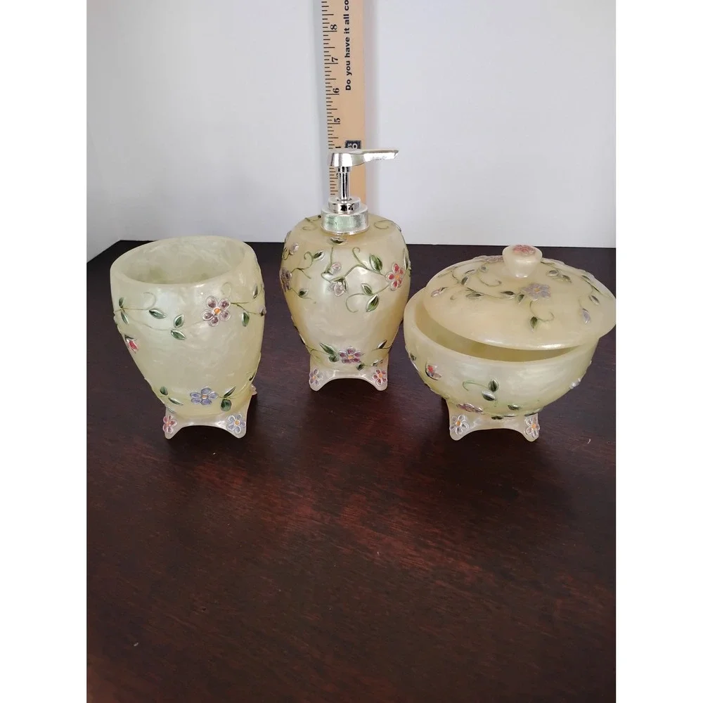 Floral Pearlescent Resin 3pcBathroom Set Soap Dispenser Tumbler Lidded Jar Cream
